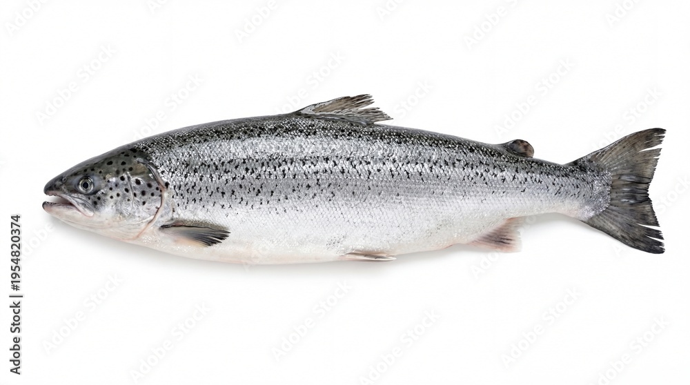 Obraz premium A whole fresh atlantic salmon fish featuring silver scales with distinct black spots and fins