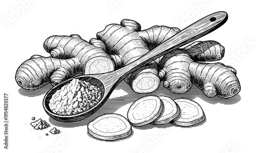Ginger root vector still life with sliced pieces and wooden spoon for cooking