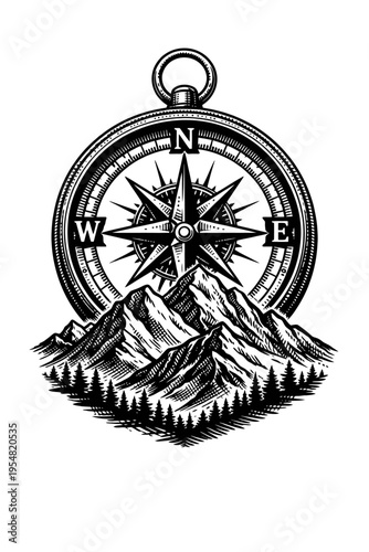 Vintage Engraved Compass Over Majestic Mountains and Serene Pine Forest - A Symbol of Adventure, Exploration, and Nature's Timeless Beauty. Perfect Art for Outdoor Enthusiasts and Wanderers.