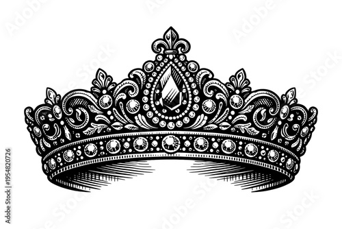 Exquisite black and white vintage engraving of a regal royal crown, adorned with sparkling jewels and intricate ornamental scrollwork, ideal for historical, majestic, or luxury design projects and ari