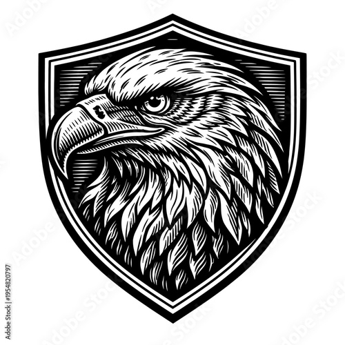 Bald Eagle Head Crest Emblem: A powerful, highly detailed black and white woodcut engraving illustration of a majestic bald eagle's head, intricately framed within a classic heraldic shield. This icon