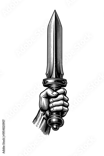 A powerful, finely detailed woodcut illustration depicting a strong, determined hand firmly grasping a classic Roman gladius or ancient dagger, symbolizing strength, warfare, and historical might in a