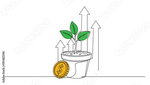 Plant growing in pot with coin and upward arrows vector illustration