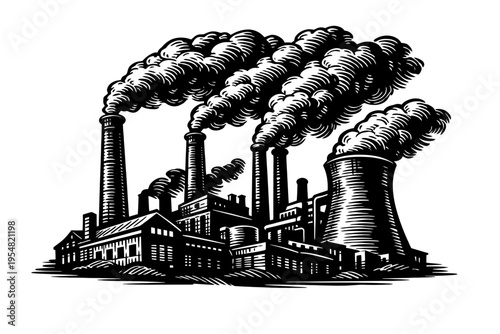 Vintage woodcut illustration: industrial factory complex with smoking chimneys & cooling tower. Black and white graphic depicts heavy manufacturing, energy production, air pollution, industrial revolu