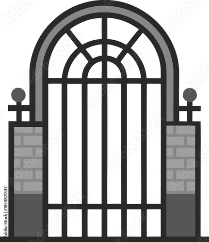 Vintage architecture design of an old prison building featuring a metal barred window and a rusted iron gate entrance to a jail cell