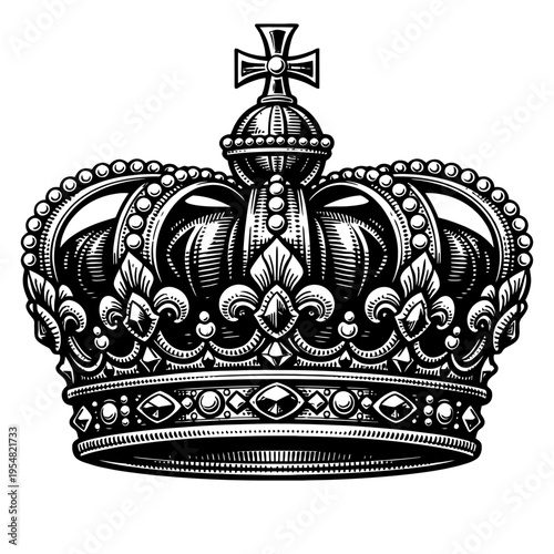 Majestic B&W royal crown engraving, vintage woodcut style. Intricate fleur-de-lis, sparkling gems, cross finial. Symbolizes imperial power, monarchy, luxury, history, authority, prestige. Ideal for hi