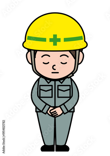 安全帽のヘルメットをかぶってお辞儀をする作業服の男性のベクターイラスト