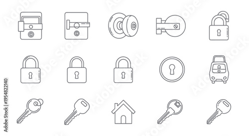 Hand-drawn Sketch of Various Locks Keys and Door Hardware Elements.