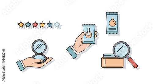 Online shopping and beauty product review icons with hands and rating stars.