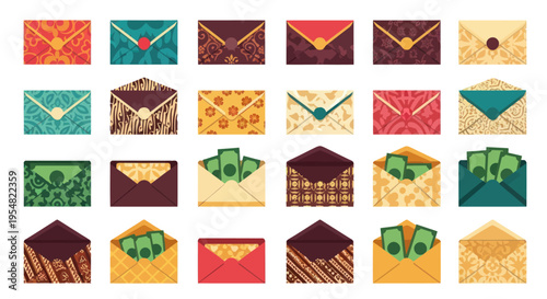 Vibrant collection of envelopes some containing dollar bills with diverse patterns and designs for mail finance and communication.