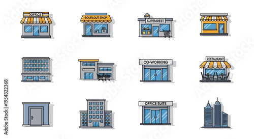 Vector Illustration of Various Commercial Buildings and Shops.