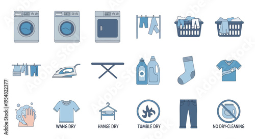 Laundry care icons set with washing machines clothes detergent and cleaning symbols.