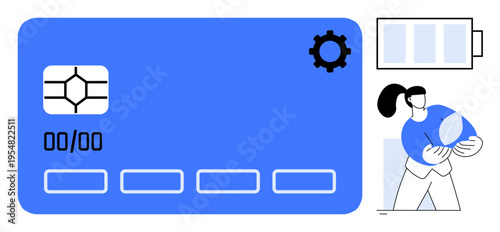 Sustainability, digital payments, technology integration, energy conservation, financial services, eco-conscious living. Credit card, battery icon and person holding a leaf. Sustainability