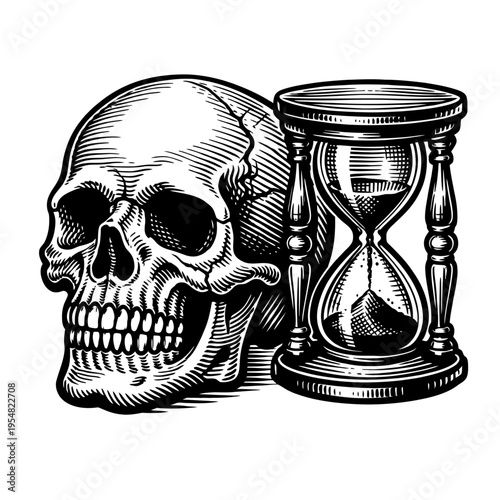 Vintage Engraved Skull and Hourglass Illustration Representing Mortality and the Relentless Passage of Time. A Classic Memento Mori Symbol in Black and White Woodcut Style, Perfect for Tattoo Designs