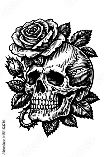 Striking black and white engraved illustration of a human skull adorned with a beautifully blooming rose, delicate buds, thorny stems, and lush leaves. This detailed, vintage-style artwork merges maca