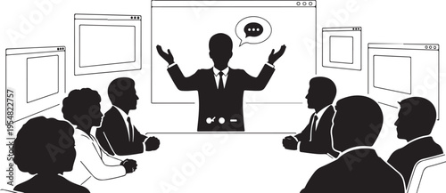 Vector silhouette of an online video conference featuring a business team meeting with a remote speaker.