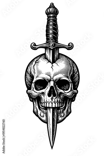 Black and white woodcut of a skull, detailed, with a sword piercing cranium and exiting mouth. Gothic, macabre illustration symbolizing death and struggle. Powerful vintage engraving style, perfect fo