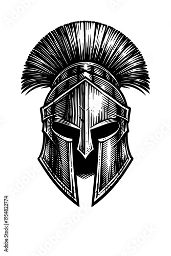 Iconic Spartan Corinthian Helmet Engraving with Grand Plumed Crest - A Detailed Black and White Hand-Drawn Illustration Reflecting Ancient Greek Warrior Strength, Valor, Courage, and Rich Historical H