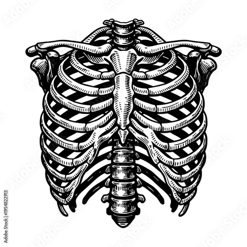 Detailed vintage woodcut illustration of the human rib cage, sternum, clavicles, and upper spine. Classic anatomical skeletal graphic in a retro engraved style, perfect for educational, medical, and h