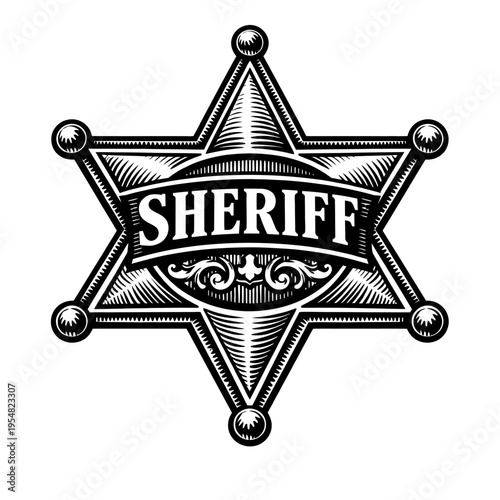 Vintage Sheriff Star Badge Illustration. Classic Black & White Engraved Six-Pointed Emblem with "SHERIFF" Text & Ornate Banner. Iconic Woodcut Graphic Embodying Wild West Law Enforcement, Justice, Aut