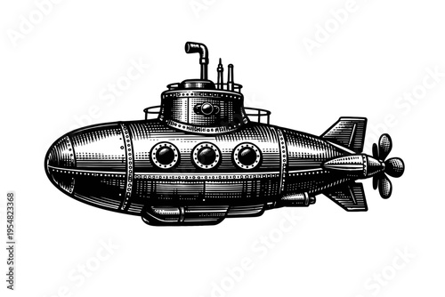 Detailed vintage submarine illustration in classic engraved style, showcasing a majestic underwater vessel with prominent periscope, multiple portholes, intricate riveted hull plating, evoking histori