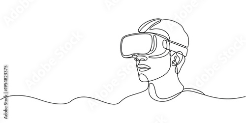 Man wearing virtual reality goggles continuous line VR goggles one line continuous line black and white