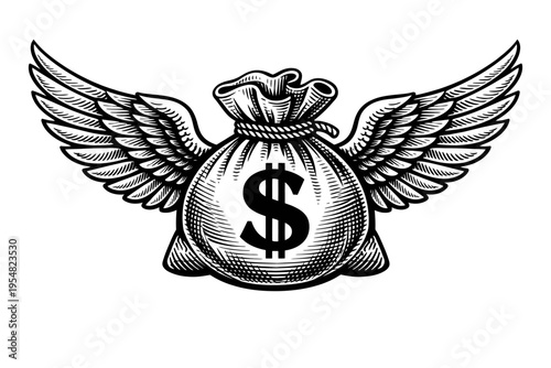 Winged Dollar Bag Symbolizing Rapid Financial Growth, Accelerated Wealth, Swift Investment Returns, Economic Prosperity, and Dynamic Capital Movement. An Emblem of Opportunity, Success, and Fortune in