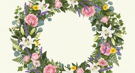 Floral Wreath Border with Pink Roses White Lilies and Mixed Greenery