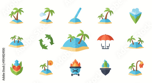 Tropical Island Icons: Palm Trees Sand and Ocean Elements.