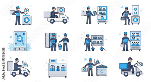 Cartoon Delivery Person with Packages and Appliances in Various Scenarios.