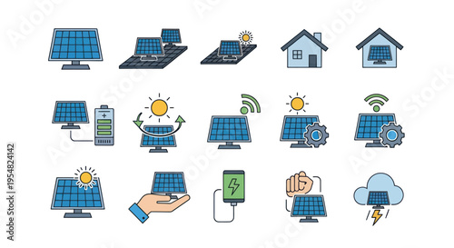 Collection of Solar Panel Icons Representing Energy and Technology.