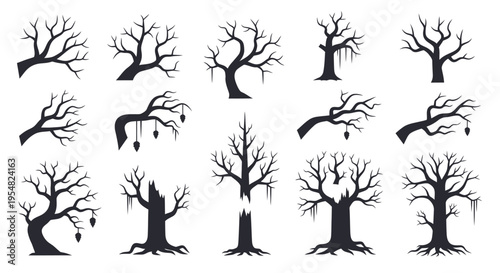 Silhouette Collection of Spooky Bare Trees for Halloween Decorations.