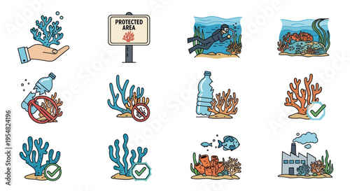 A collection of hand-drawn doodle icons depicting coral reef conservation marine pollution and ocean ecology.