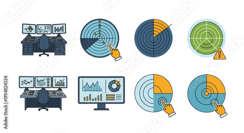 Business data analysis icons set: financial charts graphs and trading desk monitors.