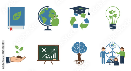 Education and Sustainability Icons: Book Globe Graduation Cap Lightbulb Hand Chart Brain Windmill.