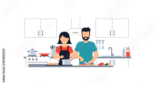 Couple Cooking Together in Modern Kitchen Preparing Food.