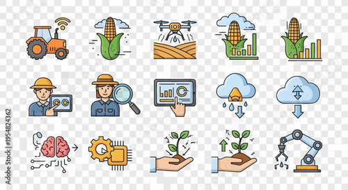 Colorful Smart Farming and Agriculture Technology Icons Set with Modern Farm Elements.