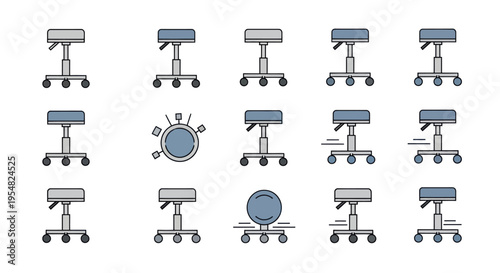 Collection of Adjustable Stool Icons with Wheels Various Poses and Styles.