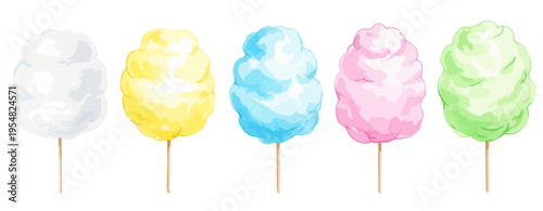 カラフルなわたあめの水彩風イラストセット｜綿菓子 縁日 屋台 お祭りスイーツ