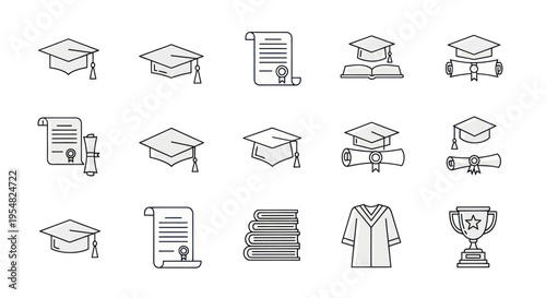 Collection of Graduation Caps Diplomas and Academic Symbols.