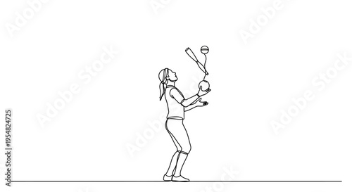 Woman juggling baseball bat and balls, minimalist illustration