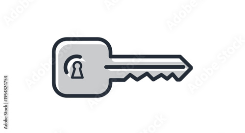 Gray metal key with lock symbol.