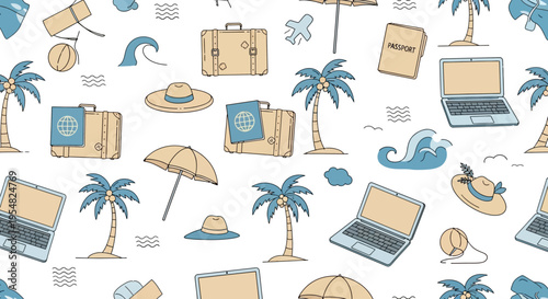 Laptop computer on beach vacation.