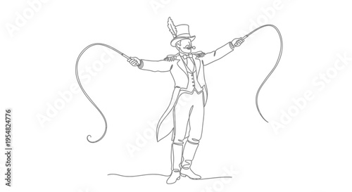 Circus Ringmaster with Whips, Top Hat, and Tailcoat - Line Art