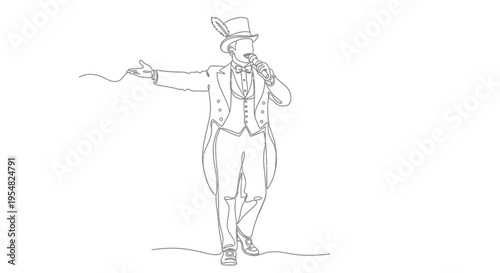Entertainer in Top Hat Singing into Microphone with Gesturing Hand, Line Art