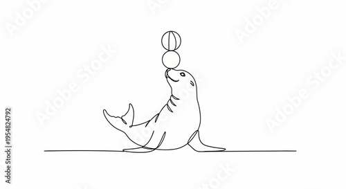 Seal Balancing Balls on Nose - Continuous Line Art Drawing