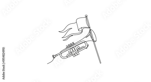 Trumpet with Waving Flag - Minimalist Line Art Illustration