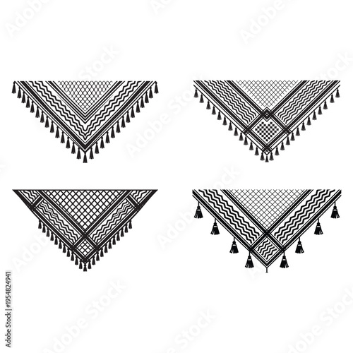 A collection of four distinct black and white keffiyeh scarf patterns with intricate geometric art