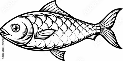 Fish Vector Illustration with Scales - Black and White Line Art Mascot Logo