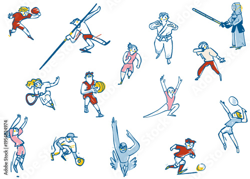 14種類のスポーツ競技者をシンプルに並べた、部活動の地域移行や地域スポーツクラブの広報資料に最適な手書き風アイコンセット
